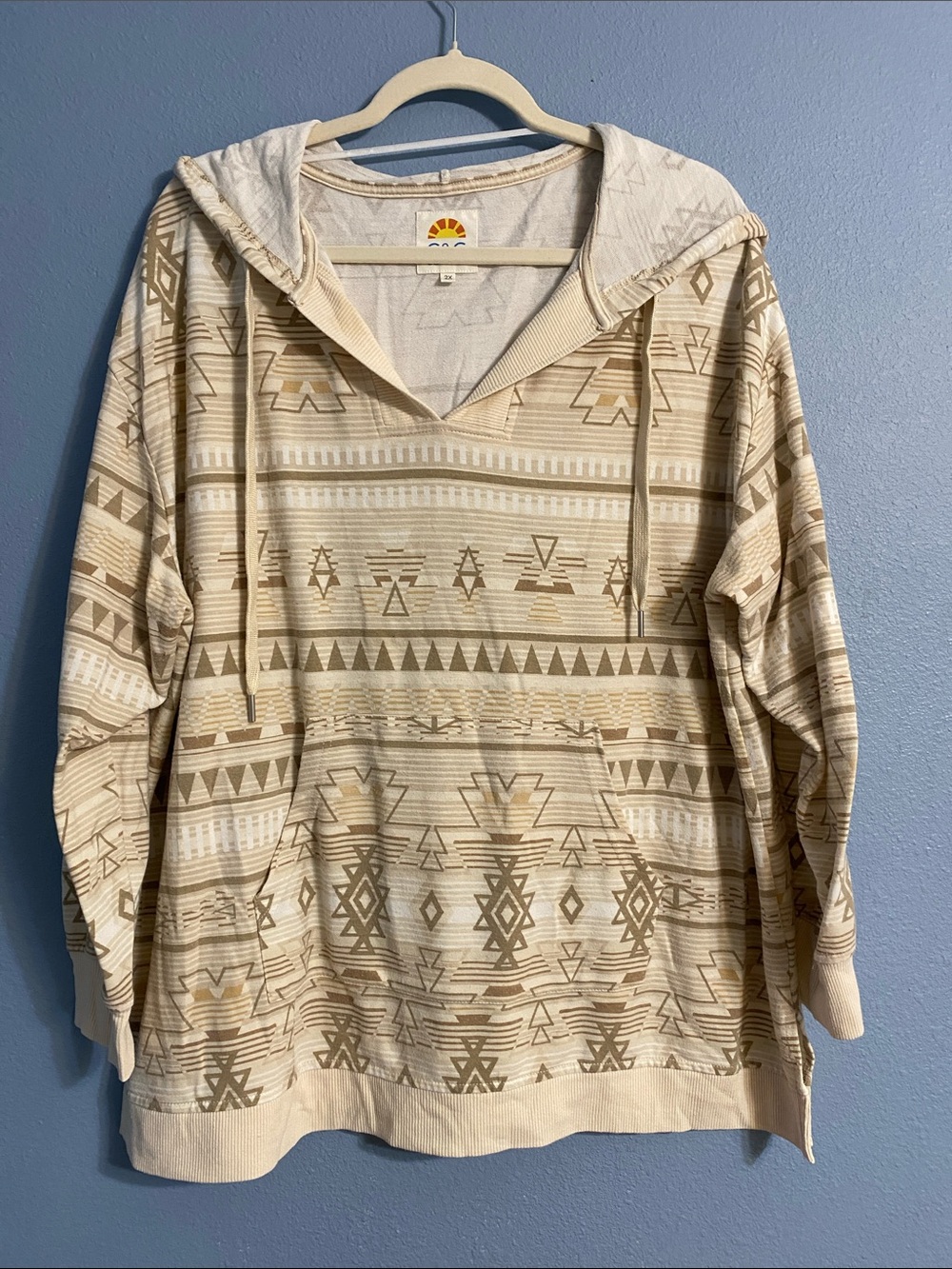 C&C California Cream & Tan Aztec-Pattern Pullover Hoodie